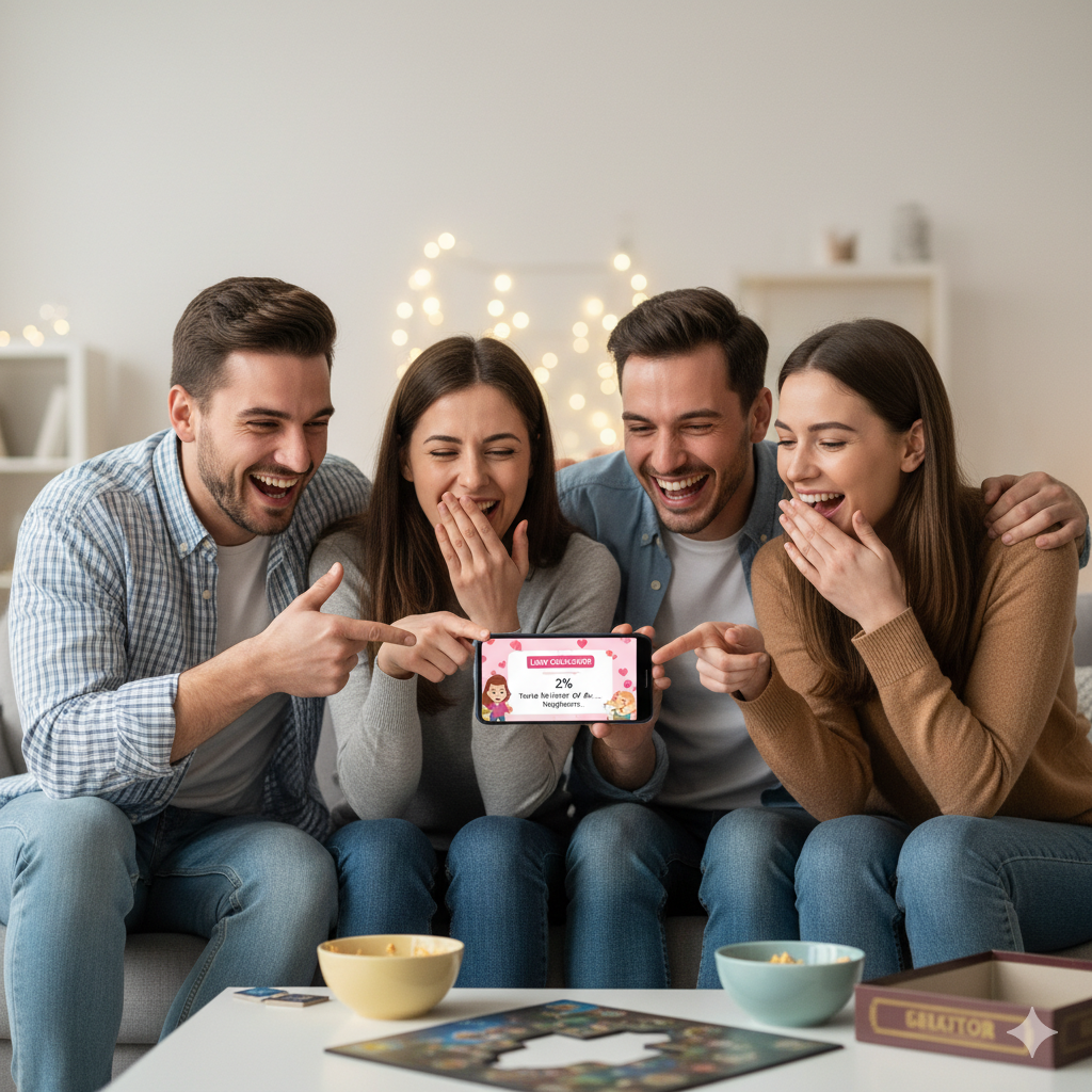 Friends enjoying love calculator prank results together